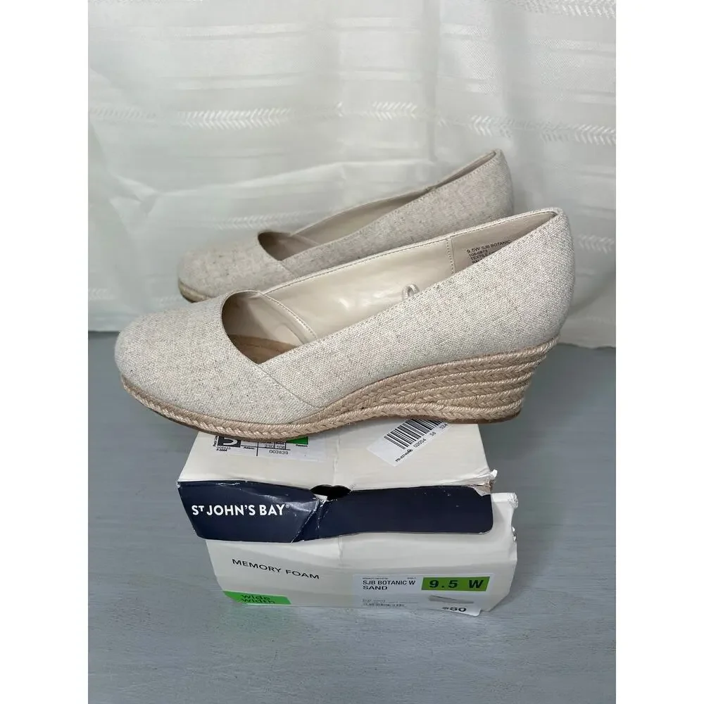St. John's Bay Botanic Espadrille Wedge Sandals Sand Womens Size 9.5 Wide